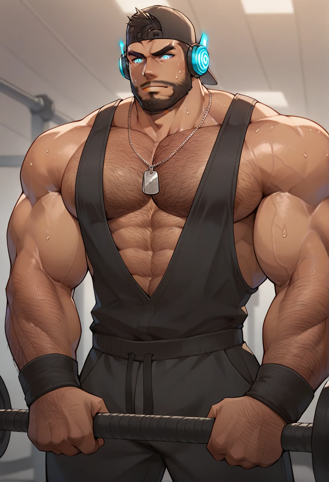 muscular male, super tall body, blackhair, the man has very broad shoulders and a thin waist, flexing a bicep, super muscular, standing , his skin is very fair and he has a small mustache