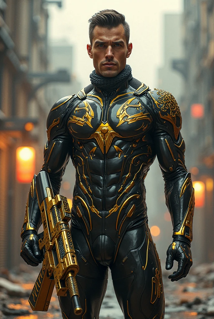 LAC34RMOR, Wearing (Black lace power armor), See-through, Dynamic pose, fantasy city background, Rooftop, Realistic, Masterpiece, Intricate details, Detailed background, Depth of field, photo of a man,(((The crotch is raised)))
