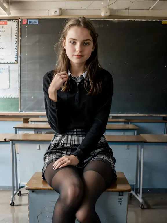 girl with very short school skirt, She sat with her legs slightly open on her school desk, beautiful and very erotic, lets see his underwear.