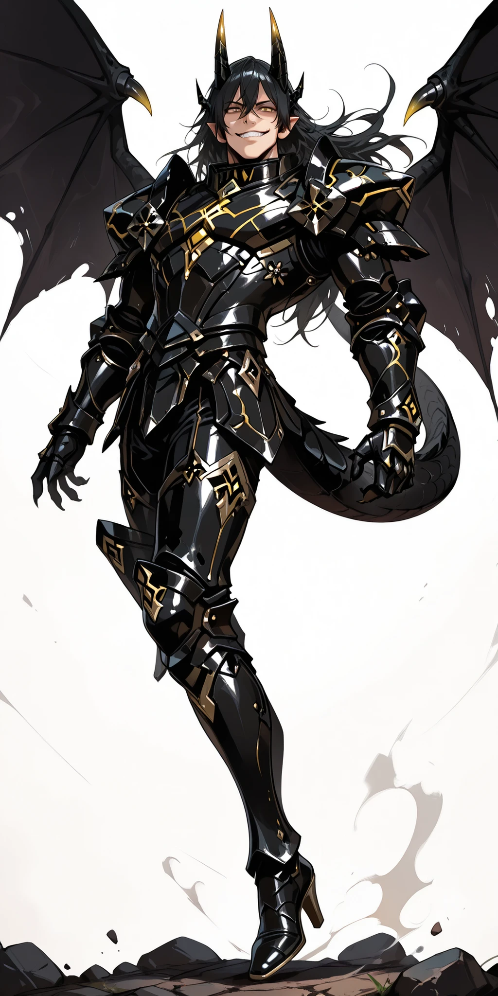 score_9, score_8_up, score_7_up, absurdres, 128K Ultra High Resolution, (masterpiece, best quality: 1. 5), high definition, highres, 8K wallpaper, CG, (((Anime))), (1 male), solo, lean body, (masculine), (floating in the air), weredragon, japanese anime style, glossy black, shiny black leather, ((beautiful golden eyes, finely detailed eyes, bright eyes, vertical iris)), hair between eyes, black hair, long hair, sideburns, wild hair, unkempt hair, (sly grin, smirk, evil smile), teeth, confident, ((ultra detailed face)), shiny skin, long pointy ears, twisted torso, long-legged, sculpted face, wasp waist, dragon horn, dragon tail, dragon wings, dragon sharp claws, (black armor with a lot of grandiose decorations), half dragon half human, dramatic angle, (dynamic pose, combat pose: 1. 5), ((ultra detailed black armor)), black armor with gold accent, all black outfit, full body, emphasize face, focused expression, sharp focus, good-looking man, well-polished black armor, (best illustration), cinematic, dramatic lighting, (intricate detail, extreme detailed, super detailed: 1. 5), ((highly detailed artwork)), dramatic shadows, tenebrism, wonderful pose, chiseled features, stark contrast, heavy shadows, detailed black decorations, beautiful and aesthetic, photoreal, from side, (mysteriously crafted black metal armor: 1. 5), sparkling accessories, thick and luxuriant hair, ((ultra detailed fantasy black armor)), dressed in black, broad shoulder, true-to-life visuals, artistically refined, dramatic contrasts, ((extremely delicate and beautiful armor, elaborate armor details)), ((dark armor, stylized armor)), exquisite goldwork, wonderful black armor, armor with intricate engravings, ((armor-type high heels)), ((detailed shoulder armor with intricate engravings, gold accent black armor)), very gorgeous and dazzling, ((dark fantasy black knight)), slim waistlines, wide chested, sinewy body, (((Hyper Detailed & Perfectly Designed Black Armor))), (simple white background), windy
