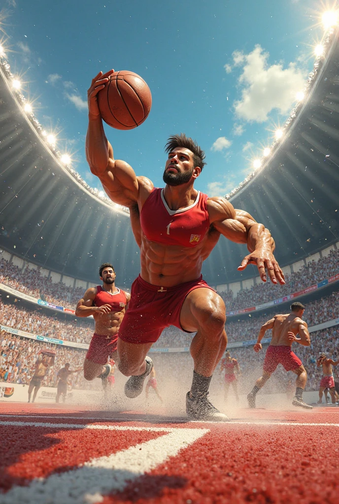 Imagine mexican shirtless 1 basketball player wearing black cap and orange basketball shorts and knee high soccer socks and gloves playing basketball with friends