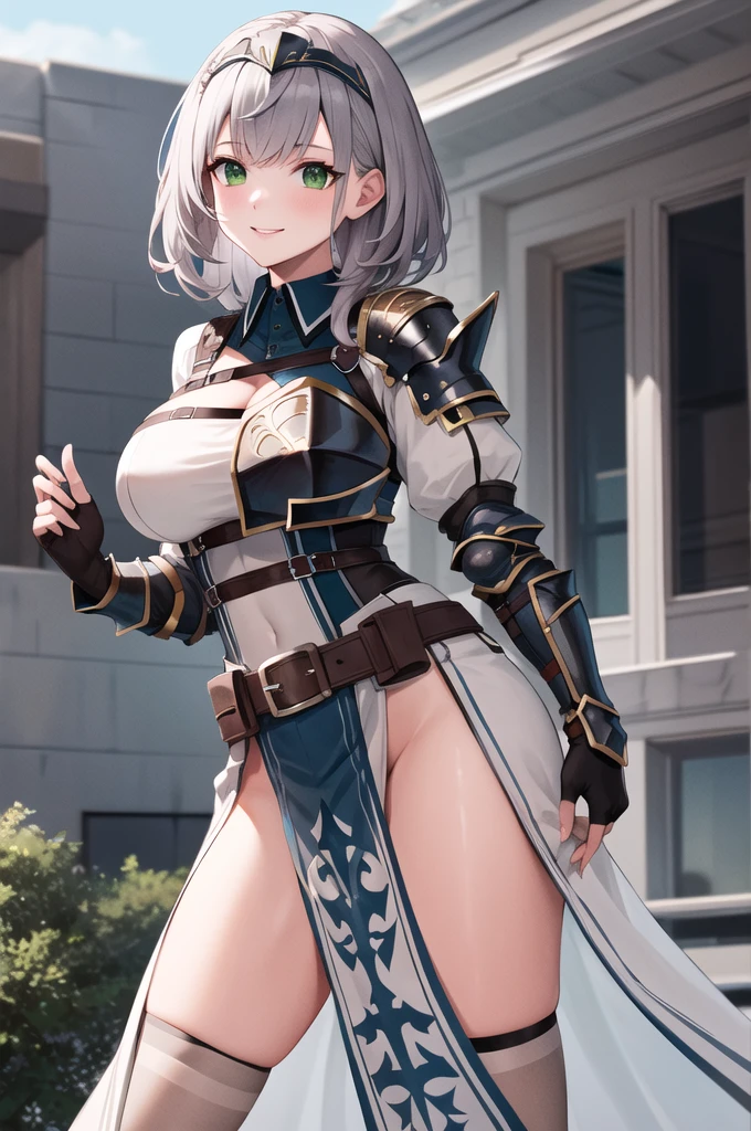 (masterpiece:1.2), best quality, absurdres, high detail, sharp focus, highly detailed face and eyes, (photorealistic:1.2), (full body shot:0.5), sister, mature female, charming face, (grey hair:1.2), short hair, hair accessories, shy, well drawn hands, armored, (metal thigh high:1.4), wearing War_Glam, War_Glam, helmet, (dark gold|blue outfit armor:1.2), sexy pose, seduction, paladin, knight, valkyrie, captain, fantasy, summer lights, god rays, ancient city, castle, palace, garden, decorations, outdoor, daylight, standing, random angle,
