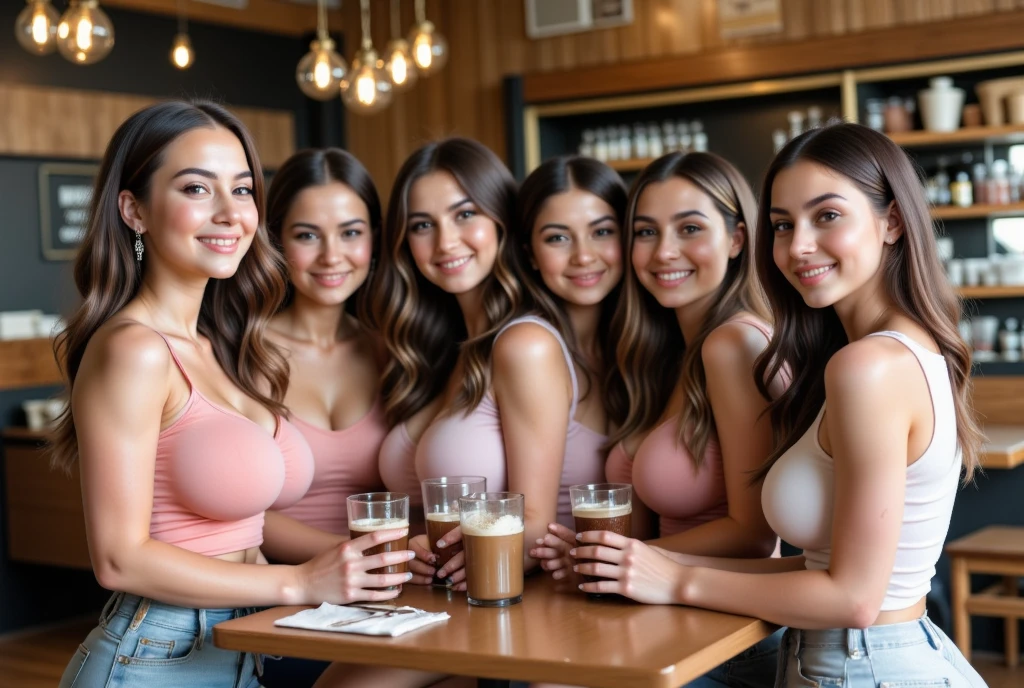 Isabel Merced, three girls in dresses posing for a picture (long bob_cut hair), smiling, sitting outside at a cafe in greece seaside, (skin texture:1.1), (high detail face:1.1), full bodyshot, high detail body, high detail clothes, (big breasts:1.3),(masterpiece), (realistic), ultra high definition, 4k, ultra high resolution, cinematic lighting, rim lighting, photo by Arny Freytag, RAW image