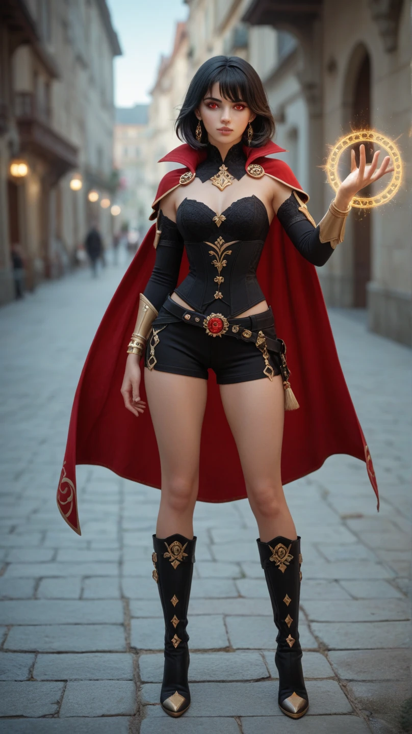 high quality fingers, normal hands, detailed fingers,masterpiece, (realistic, photo-realistic:1.37), (22 years old woman), katarina from league of legends, medium breast, small waist, dark red hair, blue eyes, beautiful face, perfect illumination, beautiful detailed eyes,looking at viewer, stunningly beautiful woman, detailed hairstyle, detailed background,shorts, detailed fantasy background, (sweat:1) ((full body scale figure picture))