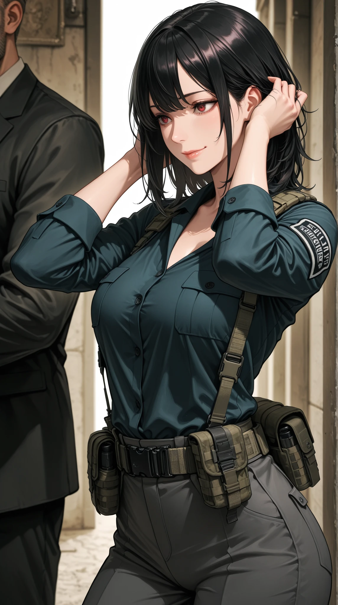 a woman in a black outfit holding a rifle and wearing headphones, soldier girl, big ass, deep cleavage, mechanized soldier girl, military girl, beautiful female soldier, female lead character, infantry girl, of a sniper girl in war, solo female character, future combat gear, close up half body shot, quiet from metal gear solid v, wearing tactical gear, dressed in tactical armor