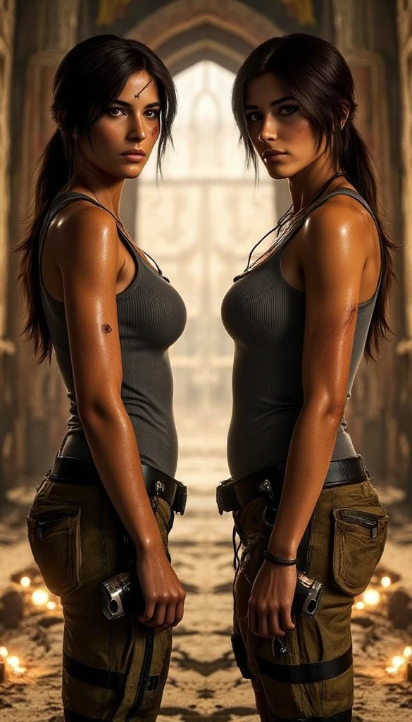 Isabel Merced, mayan princess and friend lara croft, bob_cut hair, muscular full, big breasts:1.3, challenging look, princess clothing