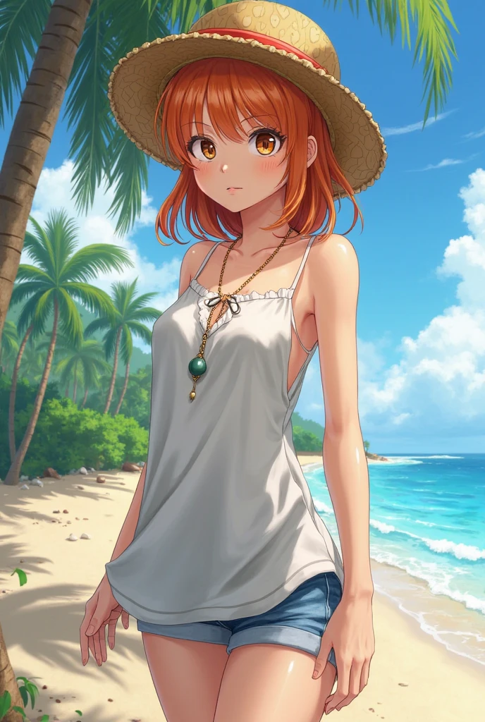 oil、masterpiece、Highest quality、High resolution、(((orange long hair)))、orange long hair、coastal、Beach、Naughty look、(((White and purple gingham plaid tank top)))、(((Black hot pants)))、Bend your legs、Woman&#39;s face、Hot Face、A slightly troubled look、Sweaty skin、blue sky、coastal、squat、Side Ponytail、Scrunchie