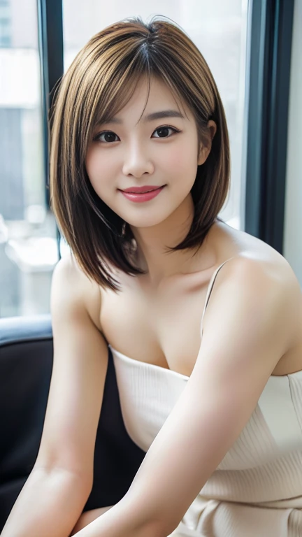 super high quality, Fashion Model, smile, Slenderのネックレス, Slender, The staff is working at the counter in the back., (8k、RAW Photos、Highest quality、masterpiece:1.2), Stylish café, (Realistic、Photorealistic:1.37), Beautiful Face , Mesh Hair, Urban Cafe, Golden Ratio, Raw photo, Light Brown Hair, Small breasts, Bright cafe interior, Blurred Background, Famous actress, Summer clothes, Beautiful hairstyle, Photographed inside the cafe, Hair blowing in the wind, ponytail, Very Short Hair, 18-year-old,