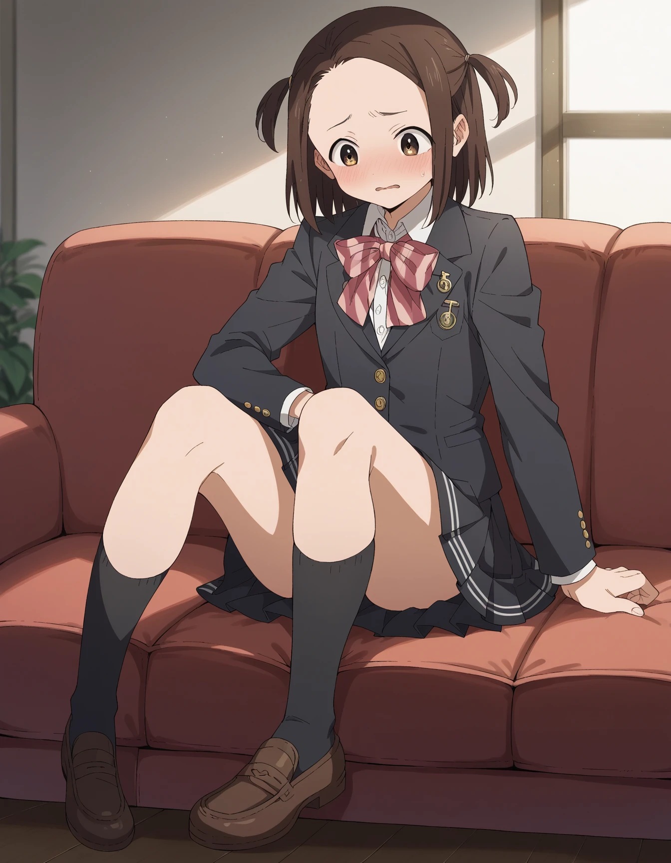 solo, 1girl, ,  hazuki katou,.,looking viewer ,grin,medium breasts,classroom,blazer,miniskirt,socks,sit on floor,open legs,spread legs,,peace pose,( panties)