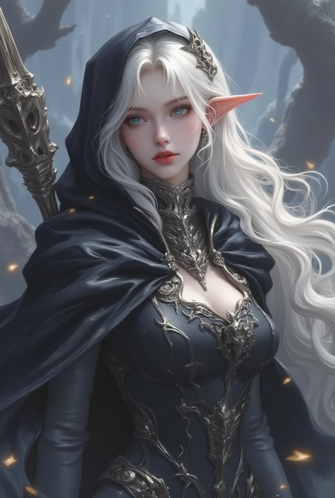 (masterpiece, best quality:1.3)
1girl, solo, long hair, breasts, red eyes, cleavage, medium breasts, upper body, white hair, horns, hood, cape, armor, tree, glowing, pointy ears, colored skin, feathers, elf, shoulder armor, pale skin, glowing eyes, cloak, spikes, hood up, forest, pauldrons, skull, arrow \(projectile\), shoulder pads, undead, In a hauntingly beautiful, moonlit forest, a powerful and enigmatic elf stands tall, exuding an aura of dark magic and mystery. This is Sylvanas, the legendary Windrunner, inspired by the iconic character from World of Warcraft,Sylvanas's skin has a striking, ashen gray hue, a testament to her mastery over the shadows. Her pointed ears, a hallmark of her elven heritage, are adorned with intricate, silver piercings that seem to shimmer in the faint moonlight. Her eyes burn with an otherworldly intensity, as if they hold the secrets of the forest and the whispers of the wind.She wears a flowing, purple hooded cloak, its edges embroidered with intricate, silver thread that resembles the delicate patterns found on a spider's web. The cloak billows behind her like a dark cloud, as if it's alive and feeding off the shadows. A quiver full of arrows, each one meticulously crafted with razor-sharp tips and adorned with tiny, glowing runes, hangs at her hip. The arrows seem to hum with dark energy, as if they're infused with the power of the forest.In her hand, Sylvanas grasps a magnificent, ornate longbow, its wood polished to a dark, mirror-like