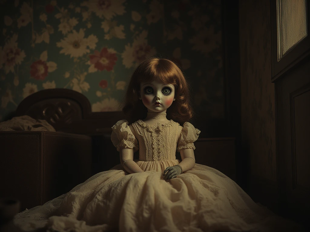 sujet: Une poupée ancienne en porcelaine au visage craquelé et creux, yeux sans vie, assis sur une chaise à bascule poussiéreuse dans un grenier faiblement éclairé. Les vêtements de la poupée sont décolorés et en lambeaux, et il contient un petit, ours en peluche porté dans ses bras. Le grenier est rempli de vieux meubles, toiles d'araignées, et des souvenirs oubliés. L'image doit être une photographie, capturer la présence étrange de la poupée dans son environnement obsédant. La prise de vue de la caméra est un gros plan, se concentrer sur le visage de la poupée et son expression troublante. Utilisez un objectif de 50 mm pour capturer les détails et mettre en valeur les caractéristiques de la poupée.. L'éclairage est un mélange de lumière ambiante douce et d'ombres, créant un sentiment de mystère et d'effroi. La résolution doit être 4K pour capturer les détails complexes de la poupée et l'atmosphère du grenier."