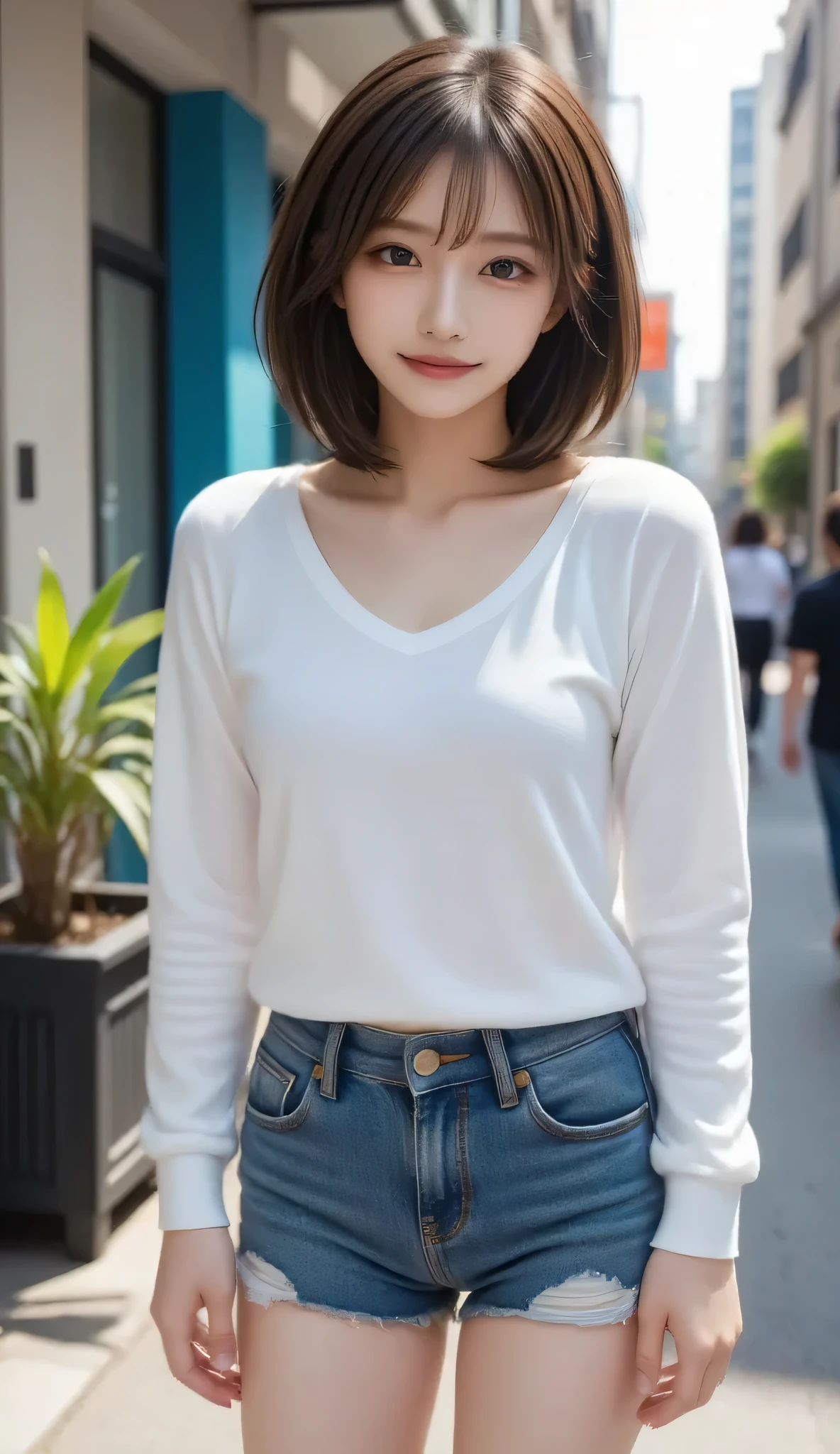 ( top quality , masterpiece:1.2),  perfect body,  Slim Waist, Big breasts,  energetic off-shoulder sweatshirt,  ショートJeans, backstreet, vibrant，one girl, The golden ratio,[:(detailed faces with ofisu:1.2):0.2]:，  Pure Face， is standing，close-up  ，( top quality , masterpiece:1.2),  perfect body,  Slim Waist,   Jeans,   Full body portrait ，