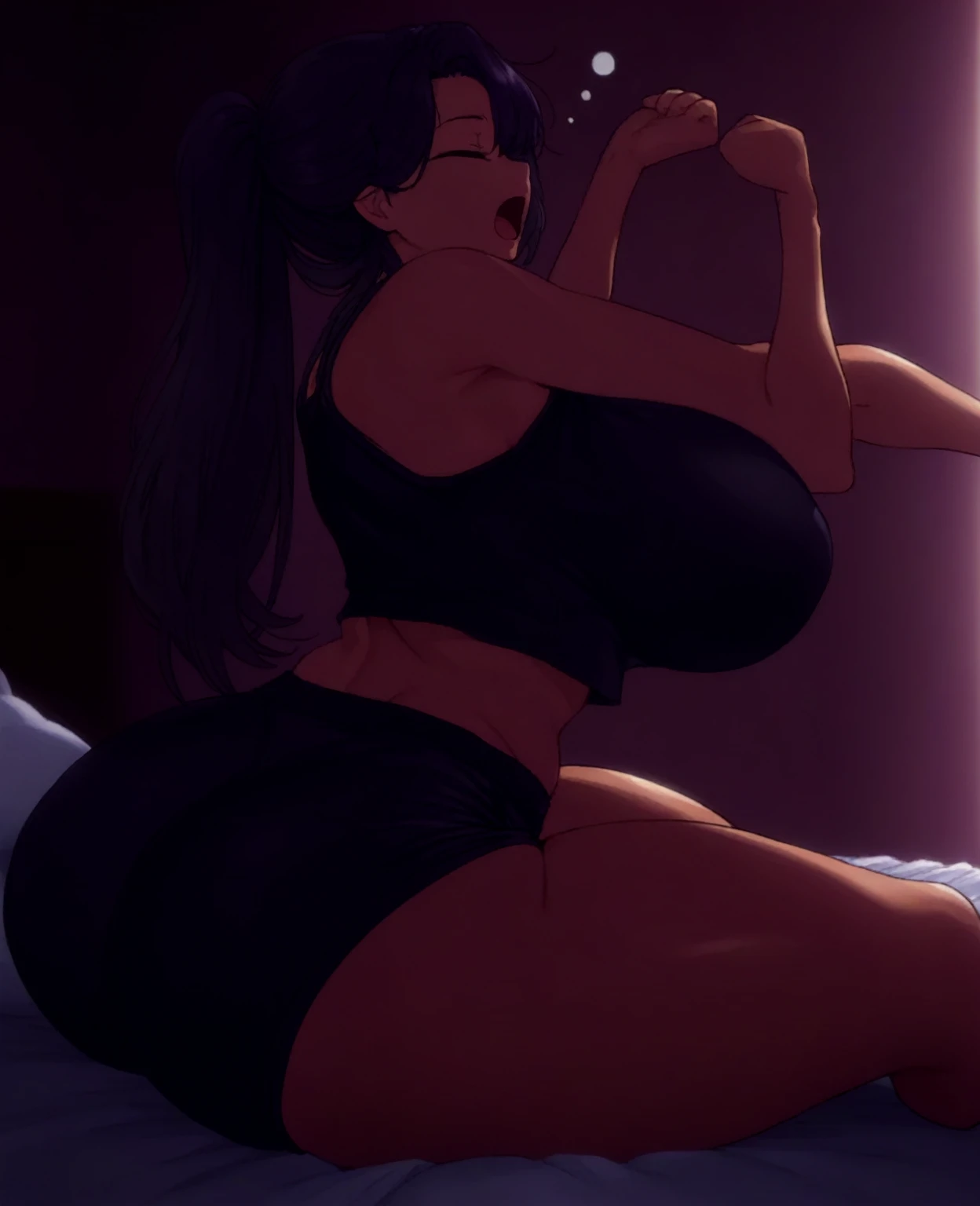 ((1 girl))、((Comic Style:1.3))、(((dark room:1.4)))、((Lying down on the bed:1.3))、((closed eyes))、(open mouth)、((open clothes:1.2))、((open legs:1.4))、((huge breasts:1.4))、((huge hip:1.2))、((oily skin:1.2))、((highleg:1.3))、((cameltoe))、((crop top navel))、((curvy thighs))、Smooth texture、high quality、ultra resolution、absurdres、digital art
