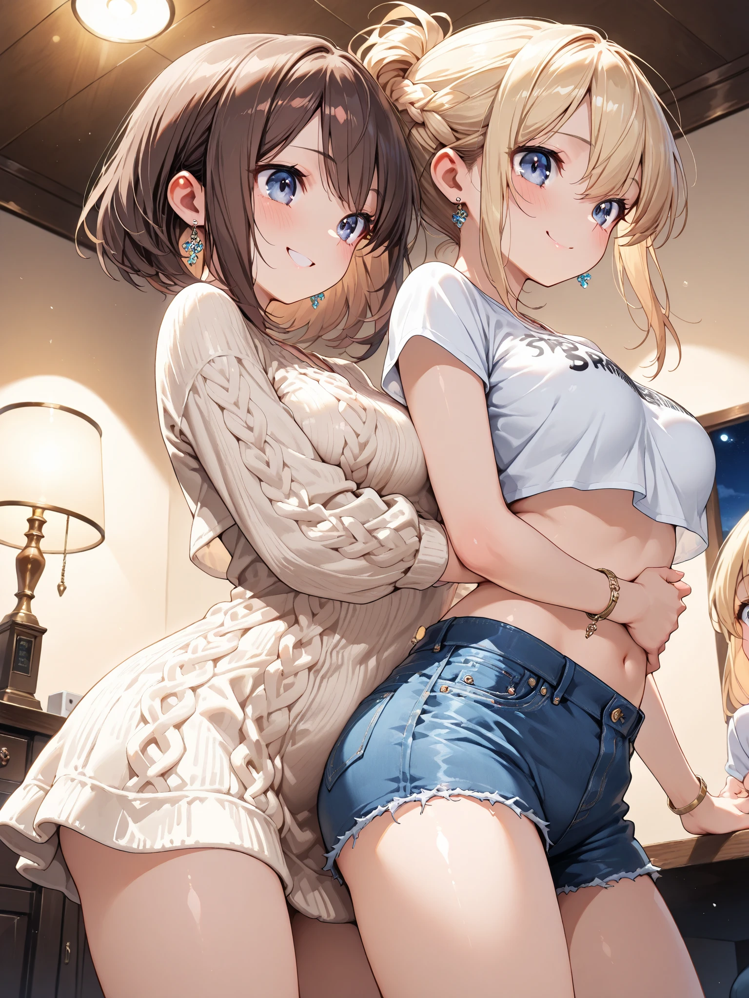 (Tabletop, highest quality, High resolution, , Perfect Pixel, 4k,), 1 girl, single, alone, Beautiful woman、I could see the whole body、 ((Wavy mid-hair, bangs, Brown Hair)), ((Brown eyes, Beautiful eyelashes, Realistic eyes)), ((Detailed face, blush:1.2)), ((Smooth texture:0.75, Realistic texture:0.65, Realistic:1.1, Anime CG Style)), Medium breast, Dynamic Angle, Perfect body, ((, Beige off-the-shoulder sweater、Tight denim skirt、Black Stockings、Cute Necklace、Earrings、)), Upper grades、A shy smile、Luxury hotel room、Lie on your back in bed、((Leg spread))、Angle from below、Cross your arms to highlight your cleavage、、((Pink lace panties are visible))、