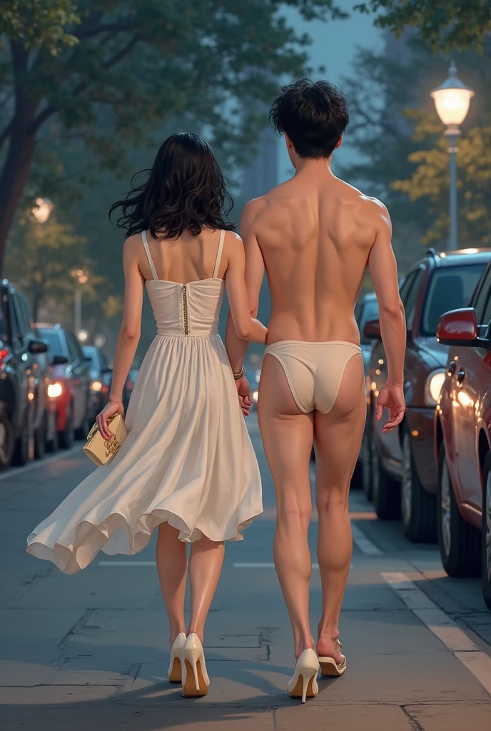 Romeo and Juliet, without clothes, barefoot, stand on the street, in N. Y.