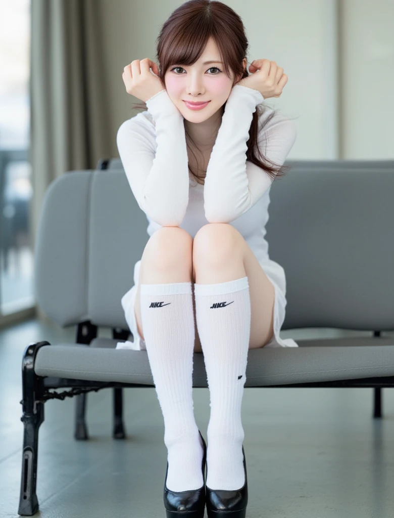 laughter:1.5、I can see white pants:1.5,brown hair short cut with side waves:1.5,