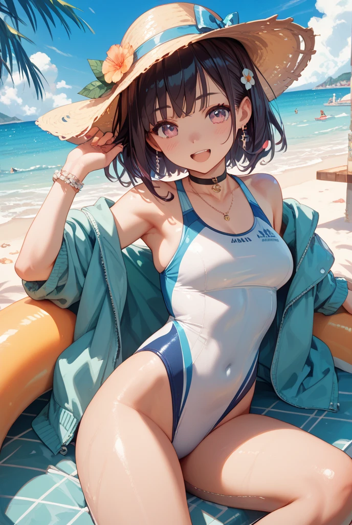 anime girl in a blue Swimwear sitting on the beach, is wearing a Swimwear, Anime Moe Art Style, Enchanting anime girl, Swimwear, mayuri shiina, Ilya Kuvshinov. 4k yen, wet Swimwear, Marin Kitagawa Fanart, Photo of a-1, Beautiful and detailed anime art, Highly detailed art gems, Swimwear, At the Beach, At the Beach