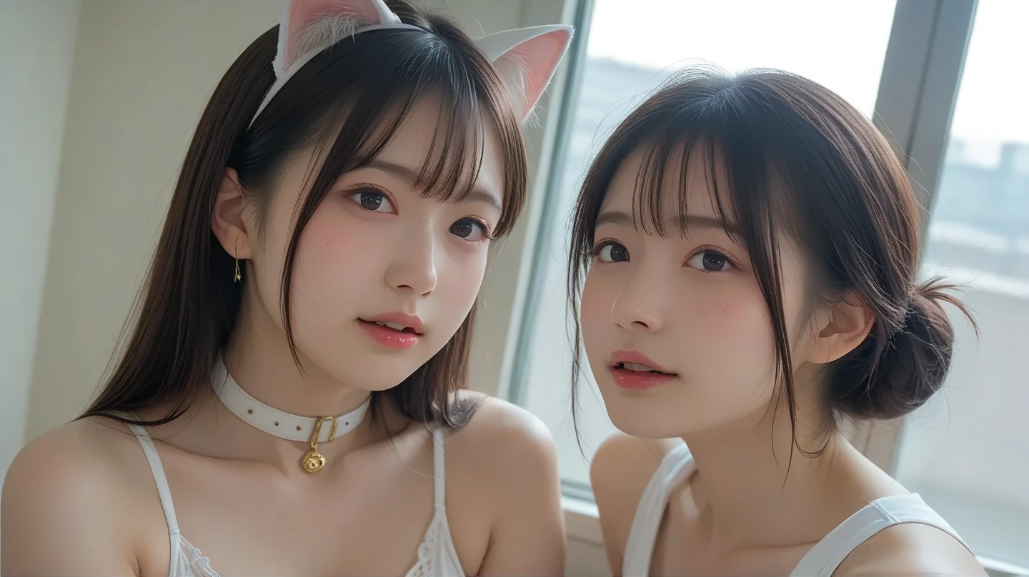 best qualityer, , black hair, long hair, baby face, small, Linda, Grinning, restroom, in the bath, whole body, nova, smallbreast, showing the ?????, Messy hair, photoshot, showing body, real light, realisitic, fine-detailed, good lighting environment, lampshade, short legging, cintura alta, sutiã,, cat woman costume, cat ears tiara, 2 meninas, duas meninas, beijando