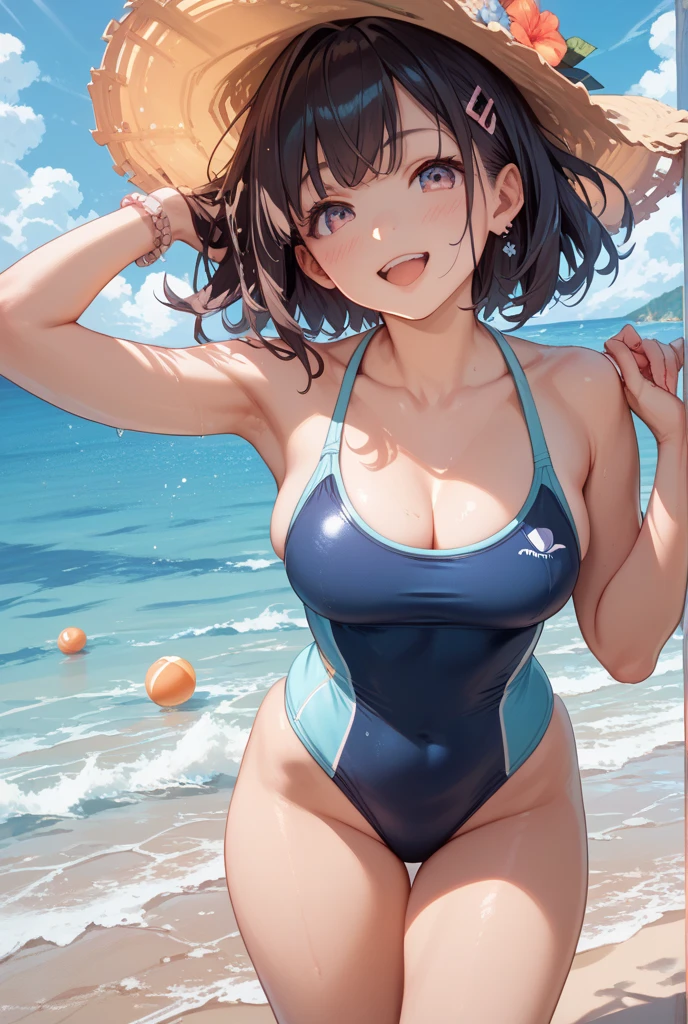 High resolution 8K, Bright light illumination, lens flare, sharpness, masterpiece, top-quality, The ultra -The high-definition, high resolution, extremely details CG, Anime style, Film Portrait Photography, 1woman, a smile, smile, Beautiful Women, full body, Straight hair, Brown hair, Semi-long hair, woman wearing cross halter bikini, High-waist bikini, Woman in the beach, blue sky, (Natural skin texture Vibrant details, hyper realistic)