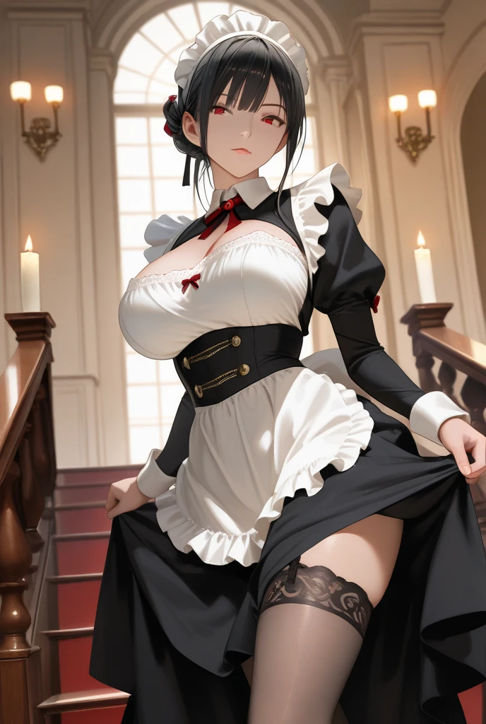 (((NSFW)))、Perfect human body、One lady、((victorian maid outfit))、barechested、eye glass、beautiful shadow、(((lift your skirt up to your waist)))、(((Sit on a chair and spread your legs wide、raise high)))、(((Garter belt visible)))、(((inside in room、huge window)))、(((Sweaty)))、((Fornication))、seductiv、red tide