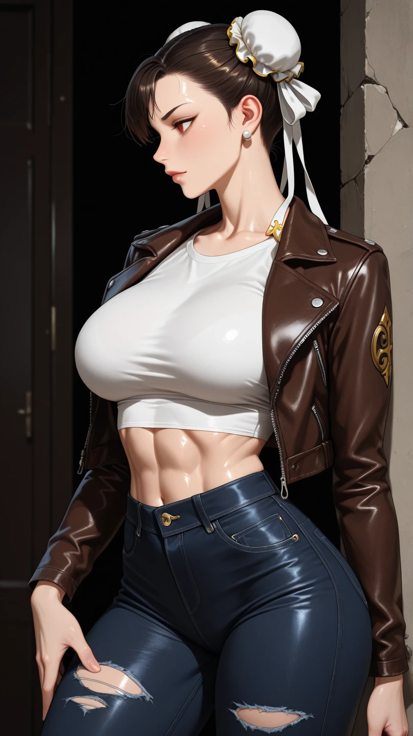 Master Painting, 8K Quality, Master Painting, 8K Quality, ((Busty)))(((Pink Mole on Chest)))),(Perfect Breasts))(((Belt)))),(Waist)Waistless Waist (Symmetrical Eyes),(Exposed))(((Leather Jacket)))(((Open)))(((Uncovered Chest)))((Against the Sky Long Legs)))))Long legs, short skirt, red high heels (perfectly symmetrical body), Rainbow color BREAK factory super long lens, (((natural light)))((center shooting, seen from the front)), ((face and waist)))((((fishman line)))) rainbow color BREAK factory super long shot, night, bangs, mid-chest, (plump), slim, smile, [wide buttocks], center shot, from the front, ((masterpiece, excellent)), (1girl), ((girly)), black curly hair (((delicate makeup)))((( (looming))))(( ( (looming))) ( (bareleg)