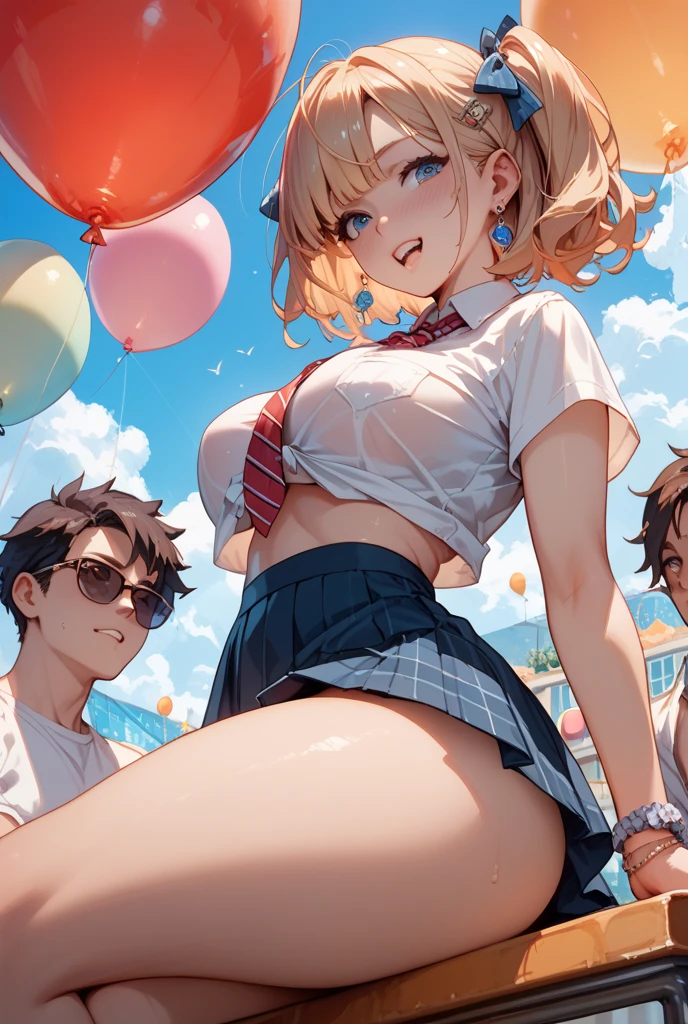(highest quality, 4k, 8k, High resolution, masterpiece:1.2), Super detailed, anime style:1.2, (Theme park scenery), two women, (Super detailedな顔, lip details, detailed eyes), double eyelid, (17 years old, , blue pleated skirt, mini skirt), Photographed in front of the castle, ((embarrassed, shy, Low angle shooting:1.2)), night time, Large fireworks, professional lighting, photon mapping, Physically based rendering, shiny skin, (perfect fingers, five fingers, anatomically correct), background bokeh, 135㎜, f/2.8, photo shoot,