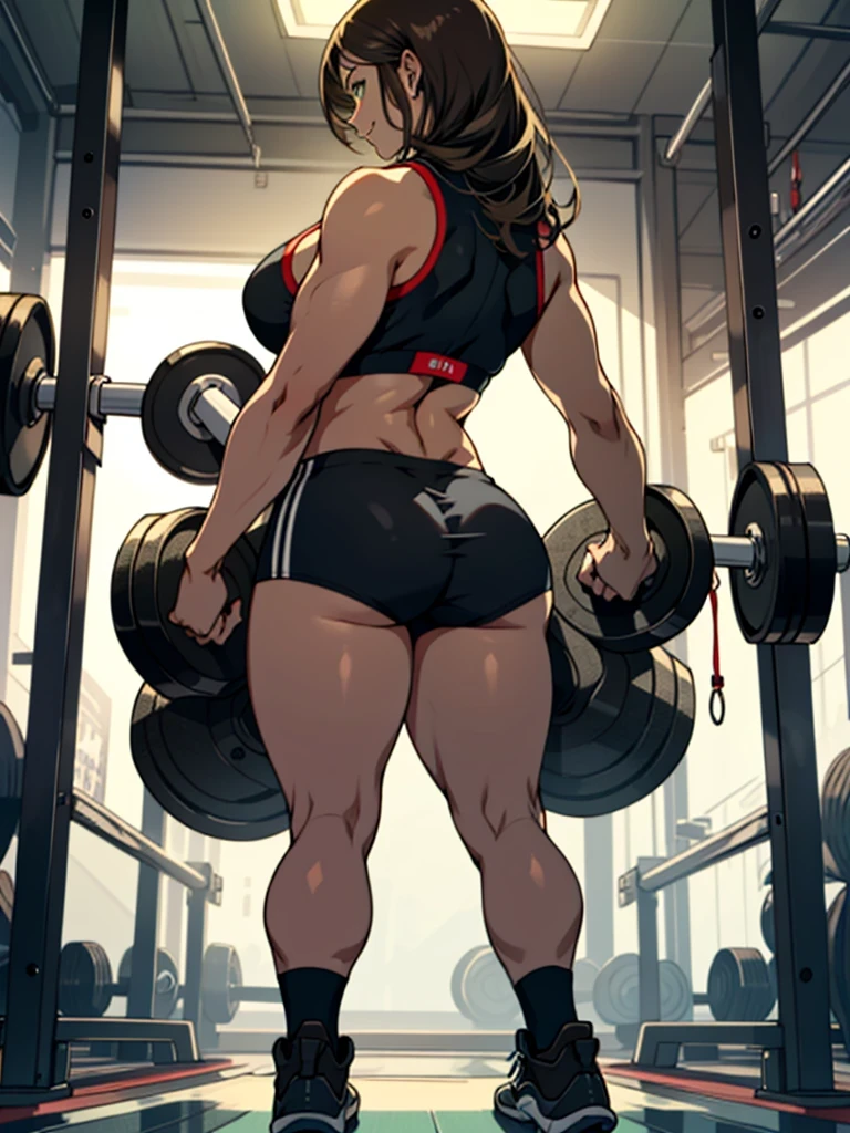 embarrassed sad long black hair yellow eyes pale skin muscular girl huge muscles large breasts looking away