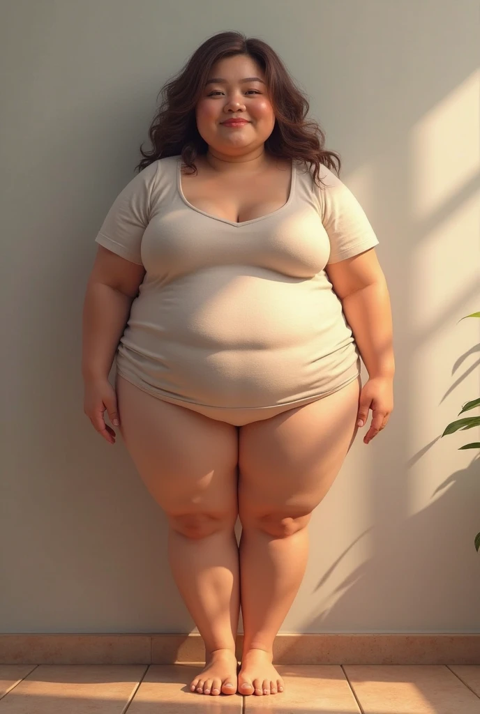 ((naked)),((Saggy huge)),((Heavy body)),((Wide Hips)),((Thick body)),((Big Belly)),((Japanese women)),((BBrown Hair)),((Short Hair)),((Brown eyes)),((Full body portrait))、((1 female)),stand on tiptoe、White blank background、Stand facing forward、naked feet、Full body portrait、Stand with your feet apart、Model pose、Full body portrait、Thick arms、Thick thighs、Thick waist、Thick body、
