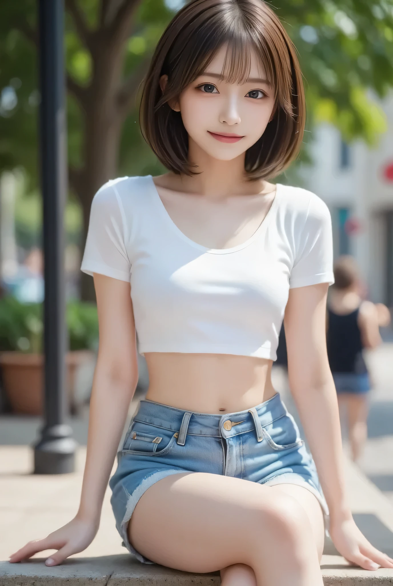 (8k、 RAW pictures 、 top quality,、  masterpiece :1.2)、 、Perfect cute girl、cute、(Sexy DVD  :1.2)、(  Idol Image Video  :1.2)、( beautiful breasts 、 Rich Breasts :1.3)、(( white crop top from bottom))、((short jeans))、 underboob 、( On a stone)、( SHORT BOB:1.2)、 Beautiful skin 、 High transparency 、( slim and beautiful girl )、(Sparkling)、( Embarrassing)、( top quality、 super detail:1.3)、Bokeh、  full body shot 、  Beautiful thighs、Beautiful ass 、