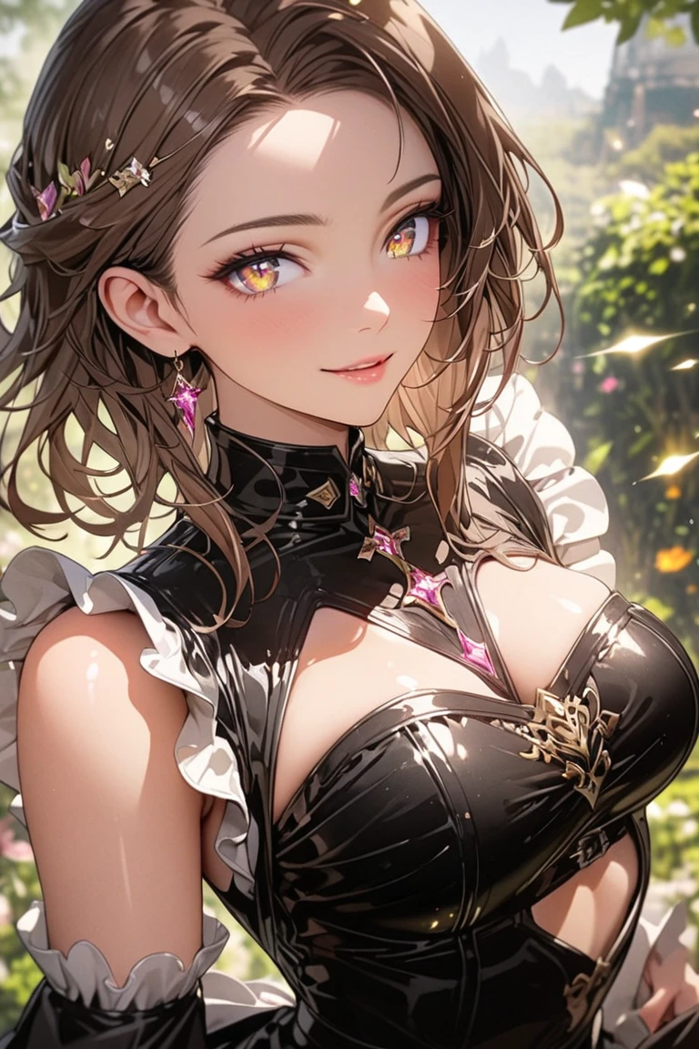 baby face, (short brown fluorescence hair:1.5,messy hair:1.5), (photorealistic:1.8), (masterpiece, sidelights, exquisite beautiful eyes: 1.5), masterpiece*portrait, realistic, 3D face,(cute face),front view: 1.6、 (glowing green eyes:1.2),plump face:1.5,(tareme:1.5)、(seductive smile:1.2),Rosy Mouth,Slim Body,abs, shiny hair, shiny skin: 1.5、medium breasts,cleavage、solo,,(stand)、(black and red colored Punk Rock clothes)、(charactor focus:1.5、portlate、upper body),stage,