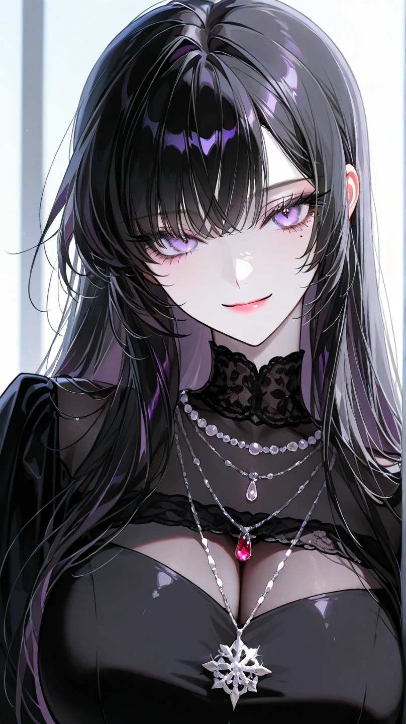 ((Highest quality)), Ultra-high resolution,Adult women, alone, sexy, (Tired face), (Purple Eyes), Beautiful face in every detail,(High resolution detail of human skin texture), (Black irregular long hair), Black lace dress,Black long skirt,Realistic:1.4,Realistic:1.4,Dark room,((masterpiece)),Perfect Eyes,Perfect Eyes,(Sleep-deprived face),Ample breasts