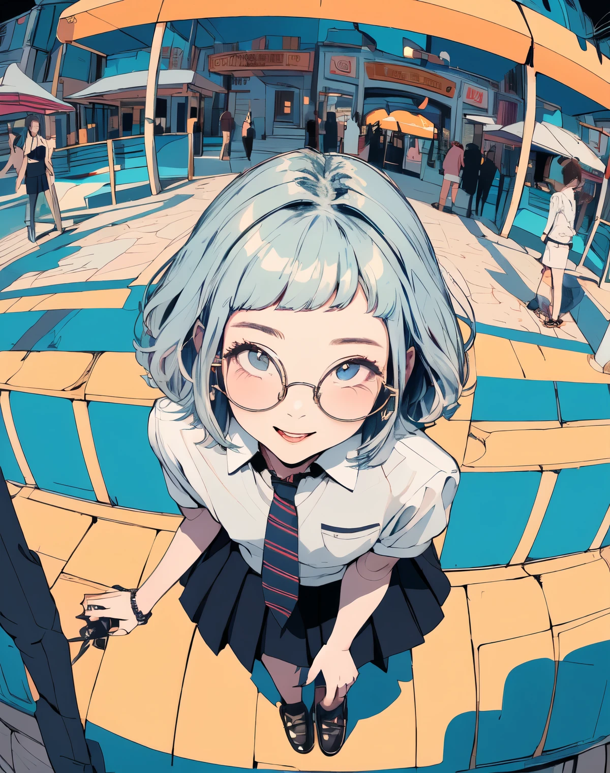 (masterpiece:1.2), top quality,pixiv,Nice, Anatomically Accurate Human Body Structure、,1girl, solo, Skirt, necktie,  Silver Hair、((Rimless Glasses)), shirt,, rainbow-colored hair, pleated Skirt, jewelry, School Uniform, white shirt, blue hair, black Skirt、wrinkles on clothes, staring at viewers, long sleeve, (with a perfect face,((short hair,Shiny Hair,Slender bangs, Hair Accessories、many hairpins)),Blue Eyes、socks、loafer shoes、(((small face、Small Breasts、Slender figure)))、 (((pastel colors,theme park))) 、high contrast、Drop Shadow、(((view from above、Fisheye Composition)))、Smiling、long shot、