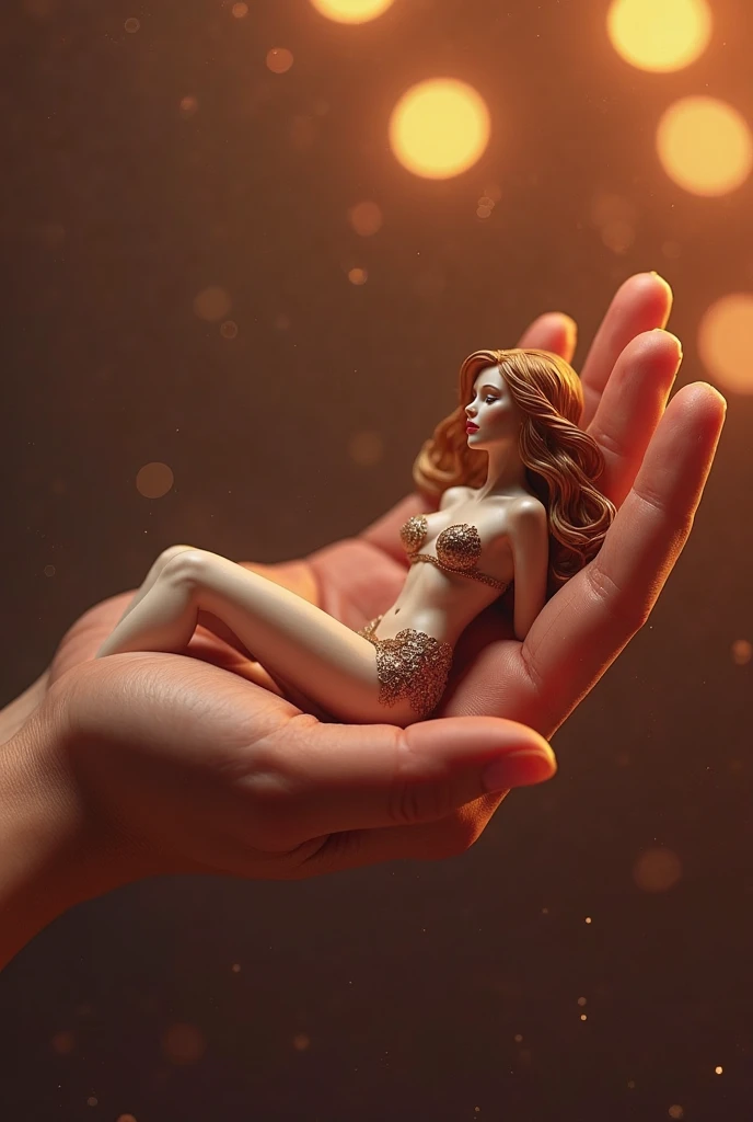 A sexy sceamoinf shrunken woman with her eyes closed standing on a giant woman's hand. In a bedroom