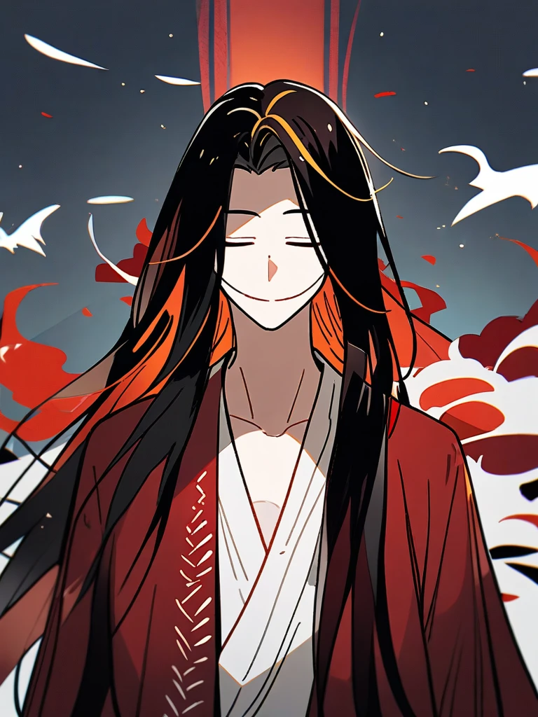 A warrior with red and black armor and long black hair and a mask covering his mouth, meditating in a tree.