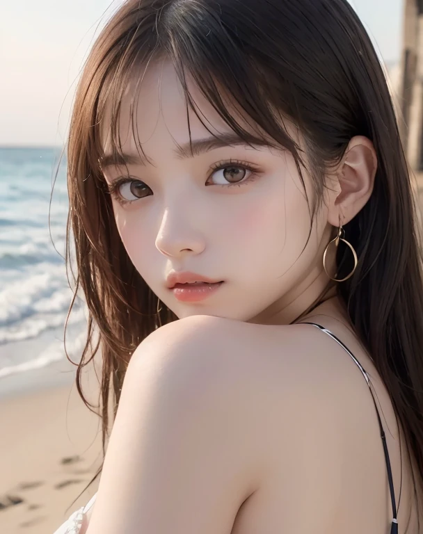 One Girl,(1人のとてもcute女の子:1.3),masterpiece,Highest quality,High resolution,From below,Low - Angle,Photorealistic,RAW Photos,Ray Tracing,Physically Based Rendering,beautiful girl,(15 years old:1.3),cute,Big eyes,(detailed pupils:1.2),(The face is facing straight ahead:1.3),Body facing forward,Beautiful nose,High nose,Upturned nose,Fuller lips,Short black hair,ponytail,short hair,Detailed eyelashes,Thin eyebrows,Very fine grain definition,(Symmetrical eyes,Golden Ratio:1.3),(Face close-up,Face Focus:1.0),Small breasts,Short neck,White swimsuit,White Bikini,The background is the sea,Southern Island,sunset,Sunset,Portrait,View Viewer,Upper Body,Cinema Lighting,High resolution,Very detailed