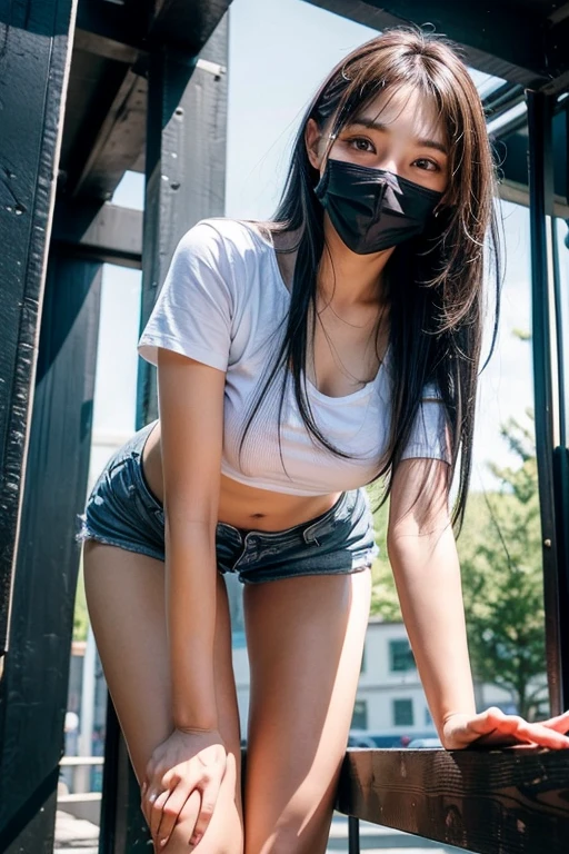 Best Quality, Masterpiece, High Resolution, 8K, (Realistic: 1.4), Ultra High Resolution, 1 Girl, Ultra Detailed, Surreal, Highly Detailed CG Illustration, Official Art, Cinematic Light, Reality, Young Beautiful Girl, Perfect Figure, Perfect Figure, Full View, Perfect Body, (Starting below: 1.3), Mask, Pose, Sexy Long Legs, Confident, Beautiful Sexy, Grey Short Sleeves, Open Abdomen, Black Super Shorts, S-shaped Body, Upturned Hips, Assuming, Posing, Different Perspectives --auto