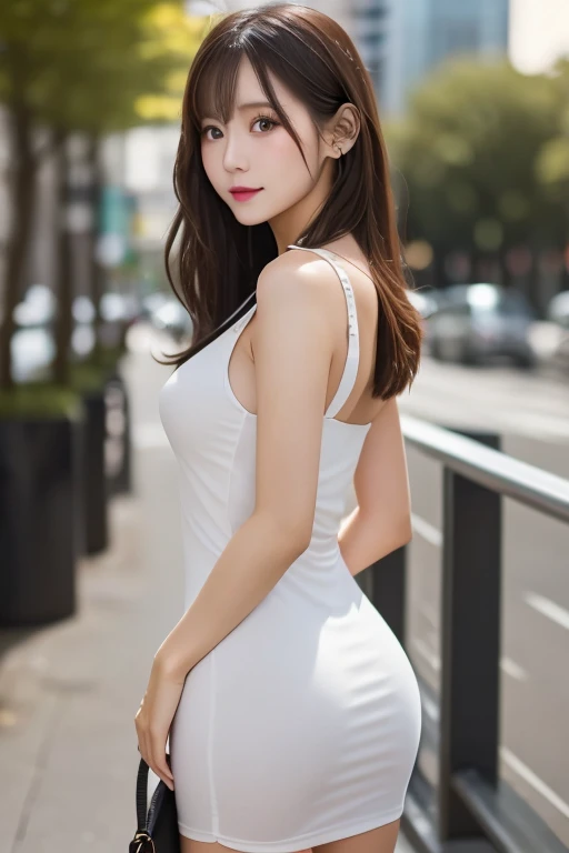 最high quality, masterpiece, High resolution, One Girl, Random color flare chiffon short dress, smile, Mouth closed,lips, Long hair blowing in the wind, Beautiful eyes in every detail,Thin lashes, Beautiful Face,in addition_body, Ultra-realistic pantyhose、Skirt and thighs、Full Body Shot、High heels、Tyndall effect,Realistic, Rim Light, Two-tone lighting,(Skin with attention to detail:1.2), 8K Ultra HD, Digital SLR, Soft lighting, high quality, Volumetric lighting, Frank, photograph, High resolution, 4K, 8k, Bokeh, Downtown Area, afternoon、Bare thighs!!! Skirt Lift, Shooting from behind、turn around、