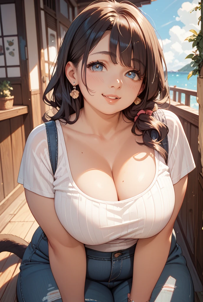 uraraka_ochako boku no hero academia 1girl, thick_eyebrows blush_stickers, brown_hair, brown_eyes, short_hair, sideburns, medium breasts skindantation smile :D blush, gigantic breasts, large breasts, (jewelry:1.000), (earrings:0.998), (1girl:0.959), (necklace:0.958), (short_hair:0.909), (looking_at_viewer:0.880), (solo:0.793), (parted_lips:0.771), (bangs:0.734), (upper_body:0.696), (black_background:0.679)