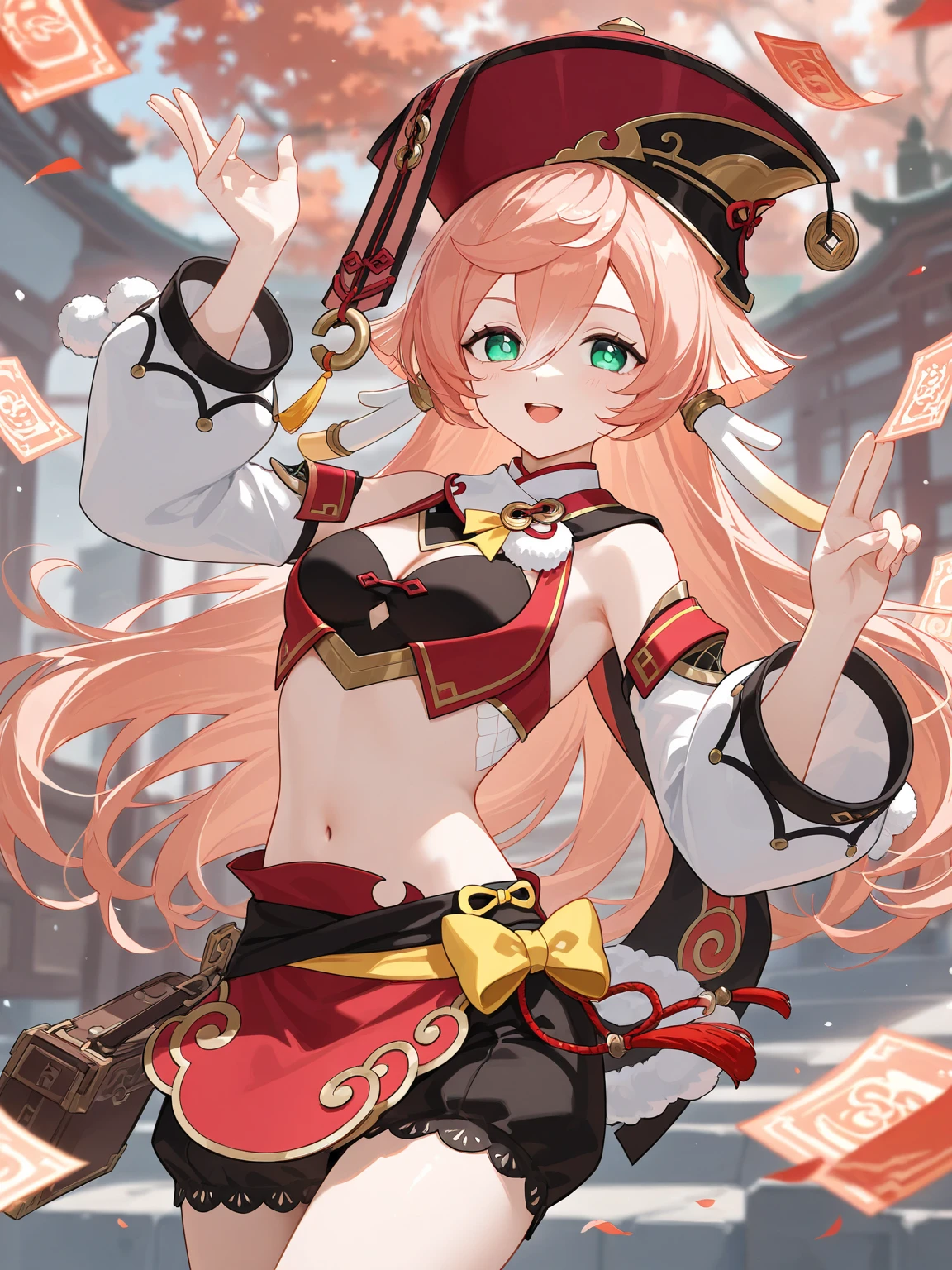 best quality, masterpiece, highres, solo, {white kimono:1.35}, {red hakama:1.35}, {wide sleeves:1.20}, {yanfei_genshin:1.15}, pink_hair, long_hair, green_eyes, hair_between_eyes, bangs, hat, red_headwear, antlers, smile, breasts, small_breasts, cleavage, midriff, horns