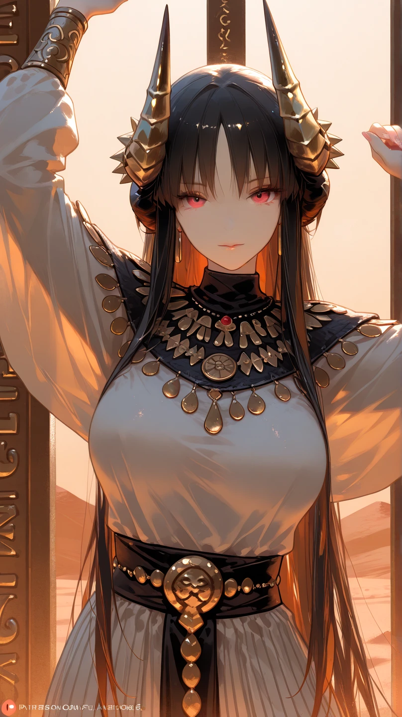 Her short, raven-black hair and intense orange eyes .Her outfit consists of delicate, thin chains and ornamental pieces that barely cover her body. A translucent purple veil covers her lower face, with intricate jewelry adorning her neck, arms, and waist. evil smile, subservient, large breast, egyptian style clothng, tall