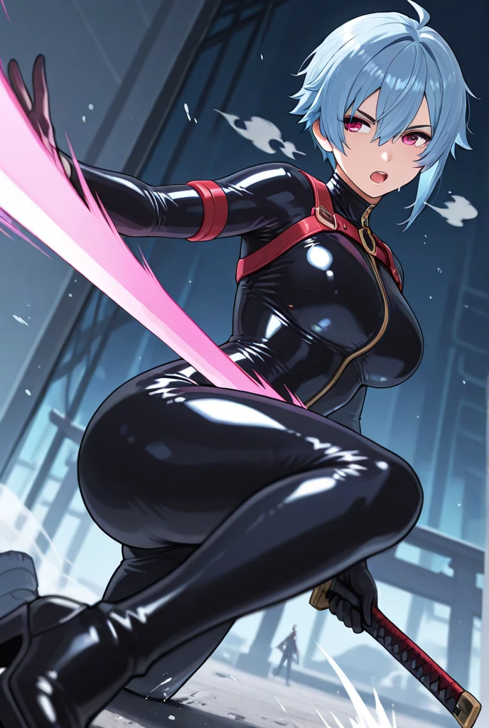 Masterpiece, Best Quality, Highly detailed, illustration, absurdres, street fighter, doll suit, shadaloo doll, nazi saluting, military, military saluting, salute, 1girl, solo, expressionless, blank eyes, looking at viewer, red gloves, emotionless, black latex, corrution, zofa suit, zofa soldier, mind control, female combatant, full body, hypnotized, standing, standing at attention, unhappy trance, full body suit, leotard, eagle emblem, belt, Fate grand order, nun, Akebi's Sailor Uniform, akebi komichi, black hair, long hair, sky blue eyes