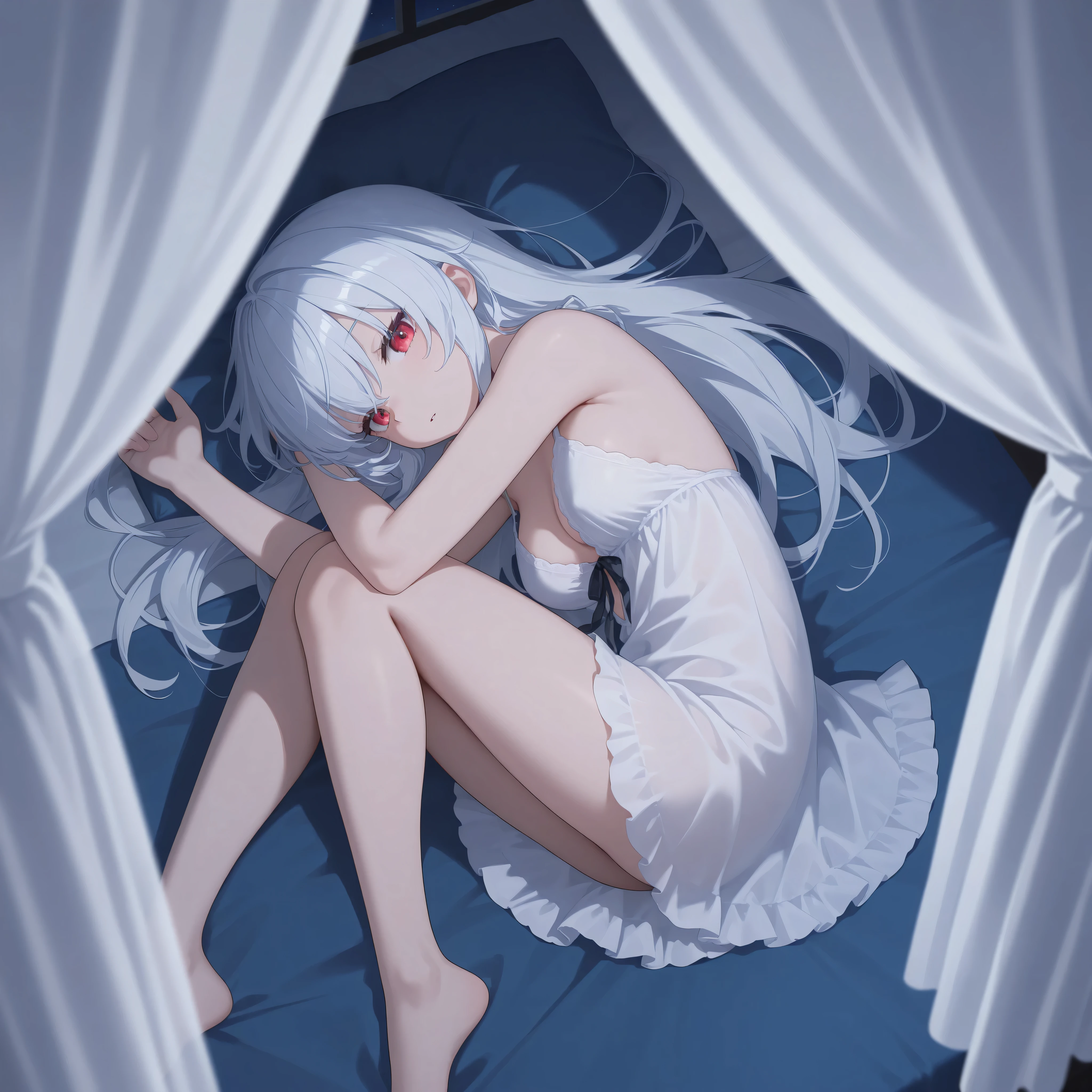 your character, belonging to the Boku no Hero universe, is lying on a soft surface, probably a bed or a sofa, with a posture that denotes tranquility and a pinch of melancholy. His body is slightly tilted to his left side, allowing her long silver hair to spread in soft waves around her head. Soft, violet lighting bathes the scene, highlighting the pale tone of her skin and creating an ethereal contrast with her silver hair.His intense red eyes are half closed, with a distant, thoughtful look that suggests she is deep in thought. Her long eyelashes cast delicate shadows on her cheeks.. She rests her head on her left arm., which is bent at a comfortable angle under your head, serving as a kind of makeshift pillow. His left hand is relaxed, fingers slightly curved.Your character&#39;s right hand is extended forward, resting gently on the surface it is on. His fingers are slightly apart, as if she was delicately touching something invisible in front of her. Violet light creates a soft glow around your figure, highlighting the details of her serene face and the locks of her hair.His facial expression is serene, with a slight sadness that adds depth to its ethereal beauty. The violet highlights in her hair and skin give her an almost supernatural air., as if it belonged to a world between reality and fantasy. The stillness of the scene conveys a feeling of peace and reflection, inviting the viewer to immerse themselves in the thoughts and emotions of your character.