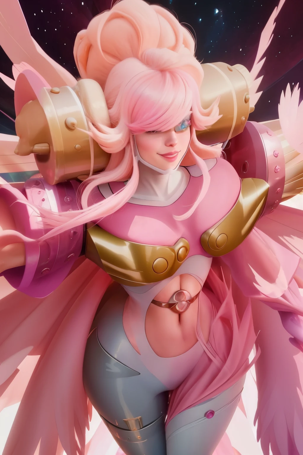 pnkdamond, pink hair, pink eyes, long hair, stomach gem, pink skin, toned,
puffy short sleeves, elbow gloves , white thighs, Puffy dress,
standing, Upper part of the body,
outer space,
(incredibly detailed, beautiful detailed face,Beautiful detailed eyes, Masterpiece, Best Quality) cinematic lighting, SMILE,