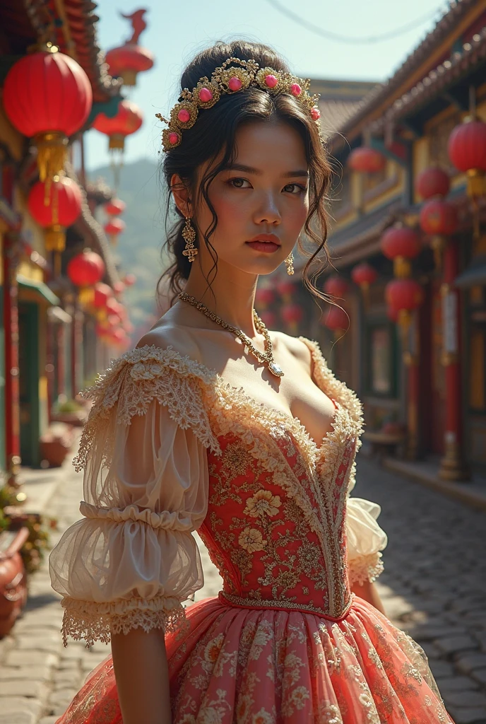 (Art is、Decorated with intricate patterns and bright colors、It depicts an attractive woman dressed in black)、(Her black corset dress was elegantly draped over her curvaceous figure、Highlights her seductive silhouette)、((The front part of the corset dress is embroidered in a complex large black color,))、((Chest is often ruffled))、She stands gracefully in a quiet moonlit night、bathed in the soft glow of moonlight.。The scene is、With a mysterious and sexy touch、It exudes an ethereal dreamy atmosphere。Graphic style ilending watercolor and digital illustration techniques、It evokes a refined beauty and charm。The lights are filled with soft moonlight、Casting soft highlights and shadows on her charming features。(Wearing a tight translucent black corset dress)、large full breasts、Three-dimensional facial features、(is standing)、Upturned legs、in 8K、Raw photography、top-quality、(curly hair in black and long braidig bang1)、hight resolution、High-quality photos、Convoluted、(Breast exposure、cleavage of the breast)、((Click here for the perspective of the upper eye user))、(((Wearing a black corset dreslack belt embroidered at waist....、((Black stockings with belt))、(((beautiful countenance)))