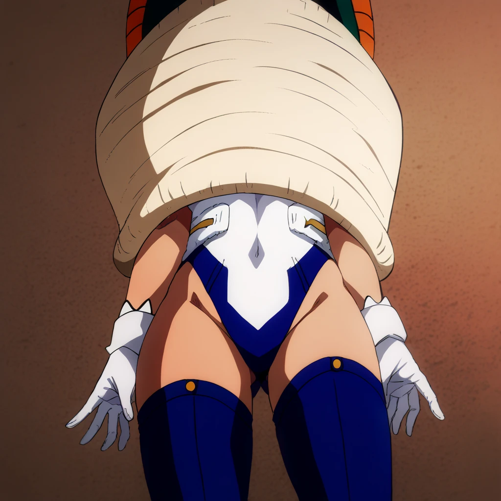 A woman angel goddess tenderness beautiful sexy wears a white shirt top with blue stripes showing her navel and blue cross shape and hair with two long pigtails mixed pink with blue and hand wears white gloves nurse Blue eye glitter and underneath she wears a white mini skirt and wears a belt pink tentacles grabs neck