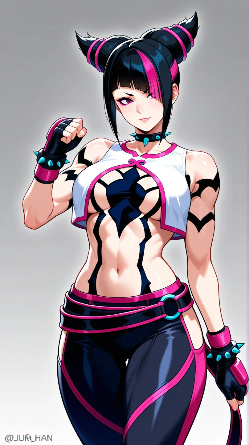 Juri Han,Masterpiece, Best Quality, 1girl, report, crop-top, jean shorts, Choker, (graffiti:1.aint splatter, (Hands Behind Your Back), Against a wall, looking a viewer, A bracelet, thigh strap, Paint on the body, tilt of head, bored, fiery hair color, Rainbow-colored eyes,juri han,brava,irritada