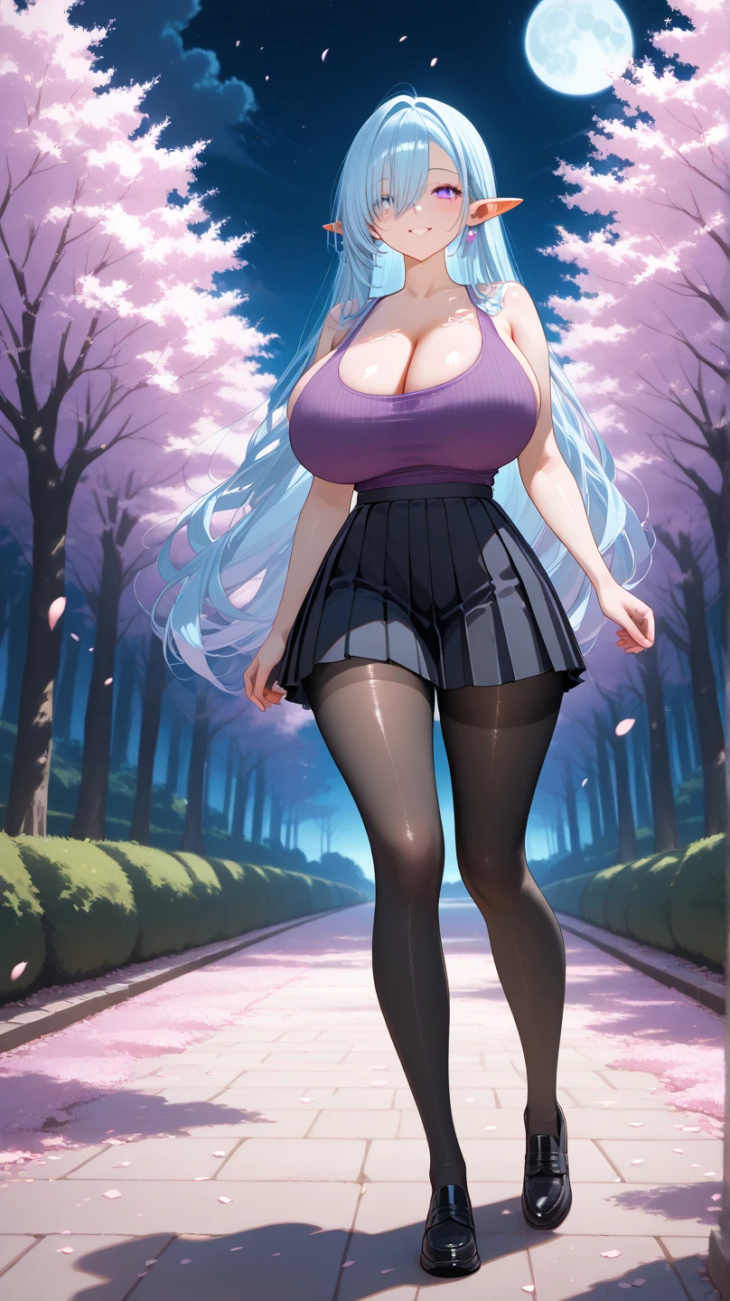 Young girl walking in a park with her big beautiful thighs with leaves flying around her, She is wearing a bikini because it is hot and her thighs make her more attractive, her large and saggy breasts with her thin waist and thin, athletic body