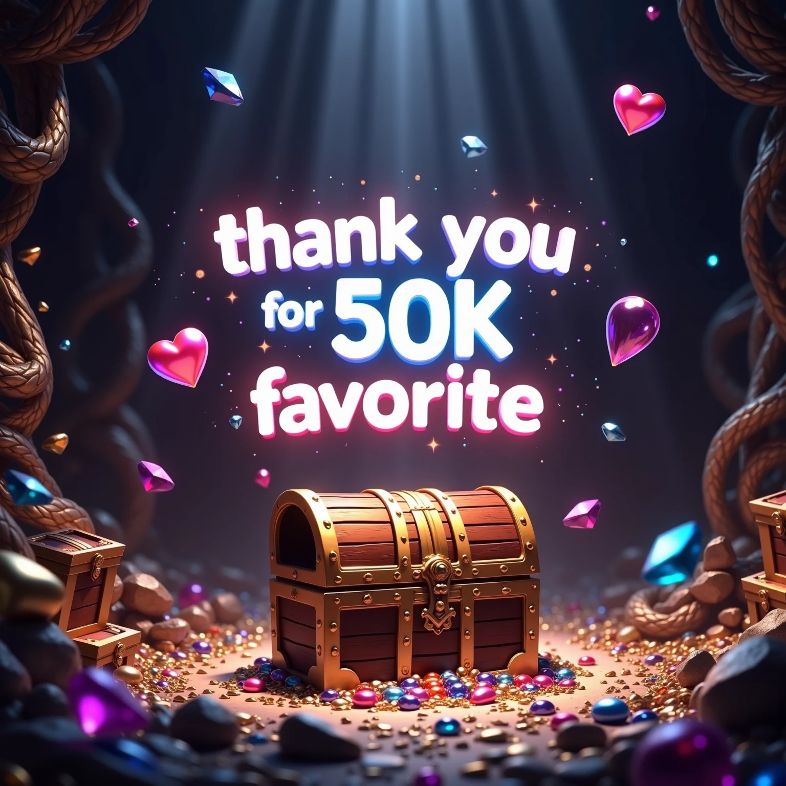 (((article, "Thank you for 50k favorite ", Add text"Thank you for 50k favorite " hologram huge font))) , cinematic, (ultra-detailed), very aesthetic, perfect composition, intricate details, absurdres,  (masterpiece, intricate:1.3), (best quality, high detail:1.2),(incredibly detailed:1.4),realistic shadow, Treasure  , gems around the Treasure chest,clear color