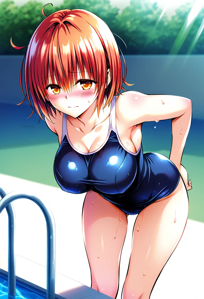 ((masutepiece, Best Quality, hight resolution, nffsw, Perfect Pixel, depth of fields, 4K, )), 1girl in, Solo, , Beautiful anime girl, Beautiful Art Style, close up, Looking at Viewer, Perfect body, Yuigahama Yui, Short hair, single hair bun, pink hair, (large boob), Full face blush, Smile, thighs thighs thighs thighs, reverse bunnysuit, red bowtie, hands on hips, white background, Focus,