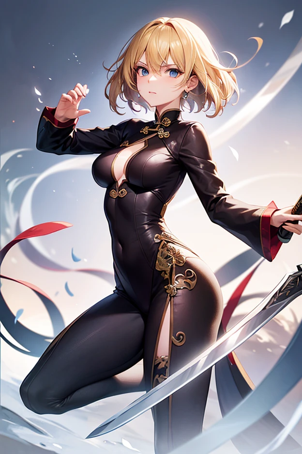 (master piece:1.8), (best quality:1.8), (exquisite lighting and shadow, highly dramatic picture, cinematic lens effect) 8k, wallpaper, looking at the viewer, open arms, female ponytail gold hair thin and short fantasy witch wearing a smooth and futuristic black mini dress with gold ornaments and gold lines, thin waist, hips, red ribbon in waist, beautiful blue eyes, beautiful lips, beautiful smile, shiny red flame behind, clouds and sky background, ethereal lightning, sharp focus